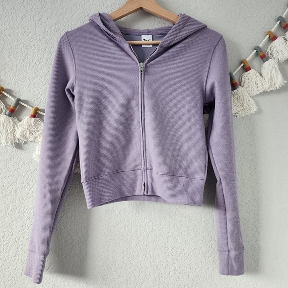 Aritzia TNA Thermal Knit Purple Full Zip Cropped Hooded Sweater Basics Lounge S - Picture 1 of 9